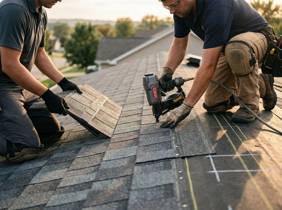 Professional roofer working on a residential roof in Wappingers Falls